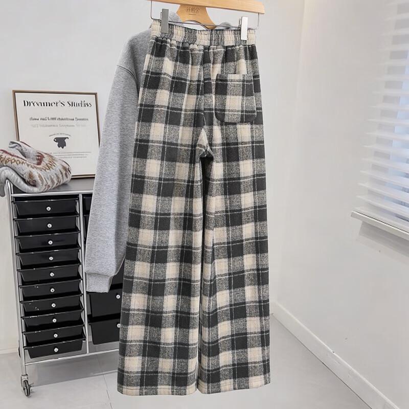 Women's Plaid High-Waist Fleece-Lined Wide-Leg Casual Pants