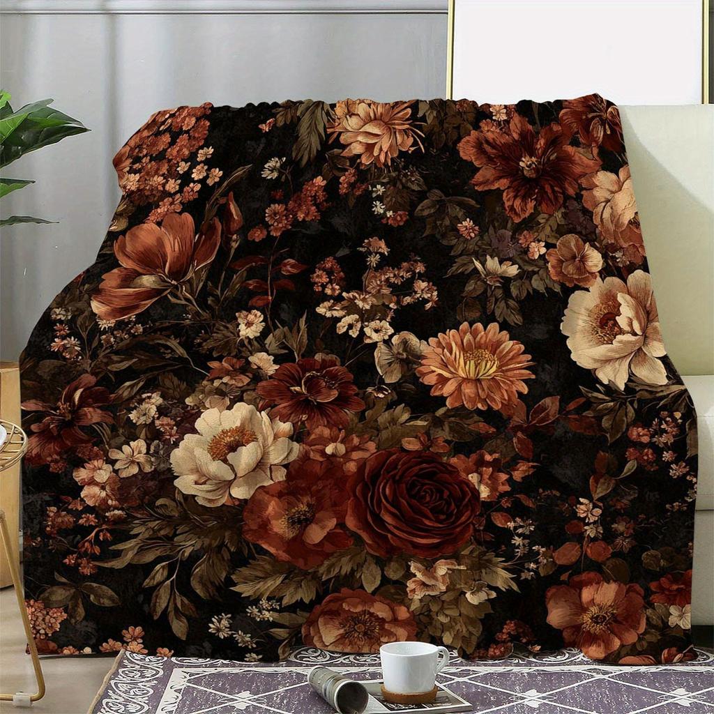 1pc Vintage Floral Print Blanket, Warm Cozy Soft Throw for Sofa Bed Couch Car Office Flannel Room Camping Travel, Gift Blanket