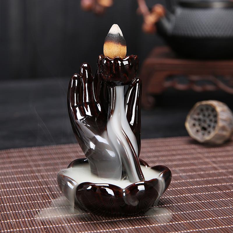 Keramik Rückfluss-Räucherkegelhalter Wasserfall, Lotus Buddha Hand Design, Nebelrauch-Effekt für Zen-Meditation, Heim-Glücksbringer-Dekoration