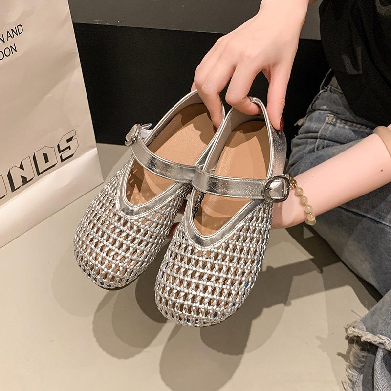 Hollow Fishing Net Crocheted One-word Strap Single Shoes Women's 2025 New Round Head Flat Ballet Shoes Woven Mary Jane