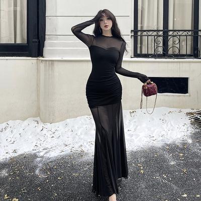 Royal Sister Has a Variety of Black Dresses for Women's Spring and Autumn New Pure Desire Sexy Mesh Stitching Hip-wrapped Long Skirt