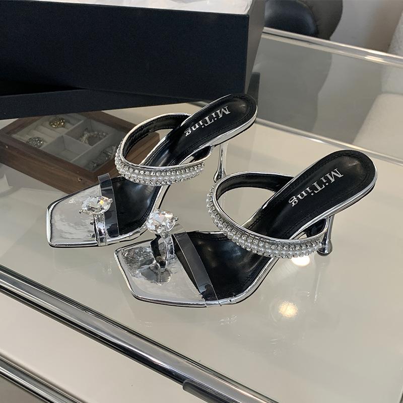 Women s Square Toe Thin Heel Rhinestone Summer Feminine Outdoor Wear Slippers - Perfect for Daily Wear 35