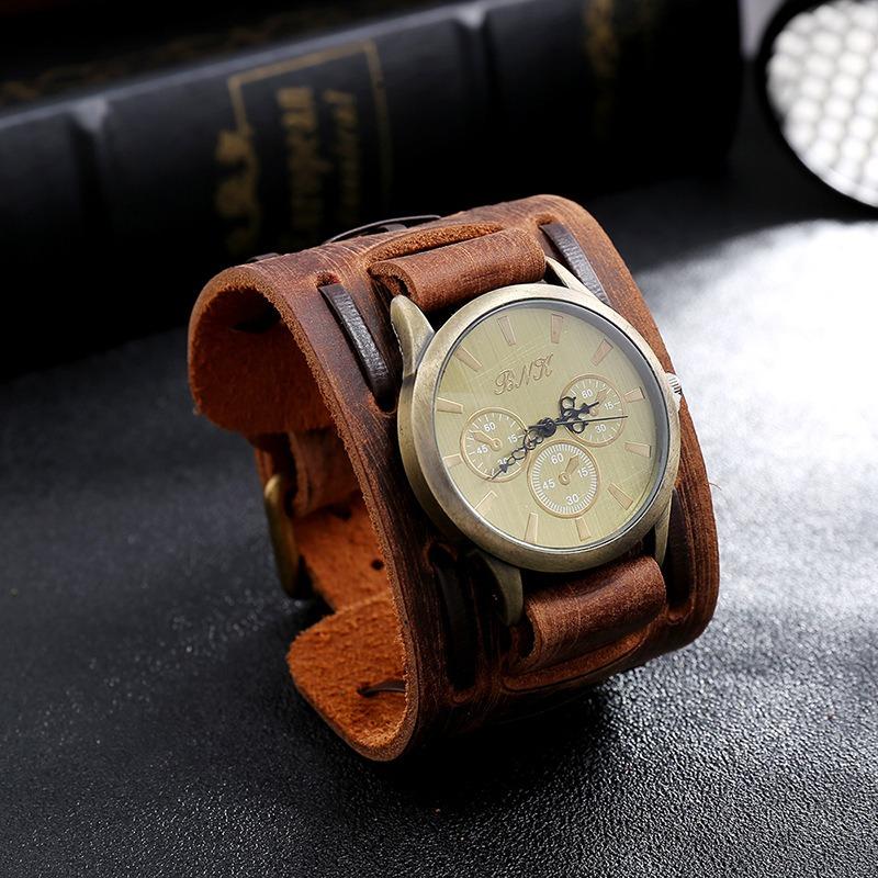 Men Watches Punk Retro Decorative Wide Strap Quartz Watch Male Clock Leather Bracelet Male Quartz Wristwatch Relógios Masculino