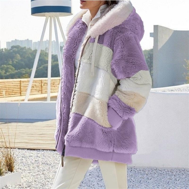 Winter Thickening Warm New Fashion Women Jacket Stitching Plaid Ladies Coats Casual Hooded Loose Plush Zipper Ladies Clothes