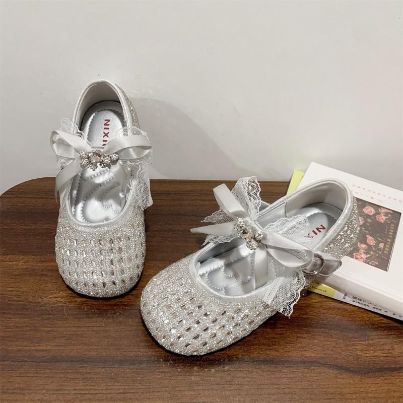 Youth Style Shoes Girls Sweet Bow Princess Flat Shoes With Rhinestone Decor PU Upper Rubber Sole Slip-On Style Toddler To Kid
