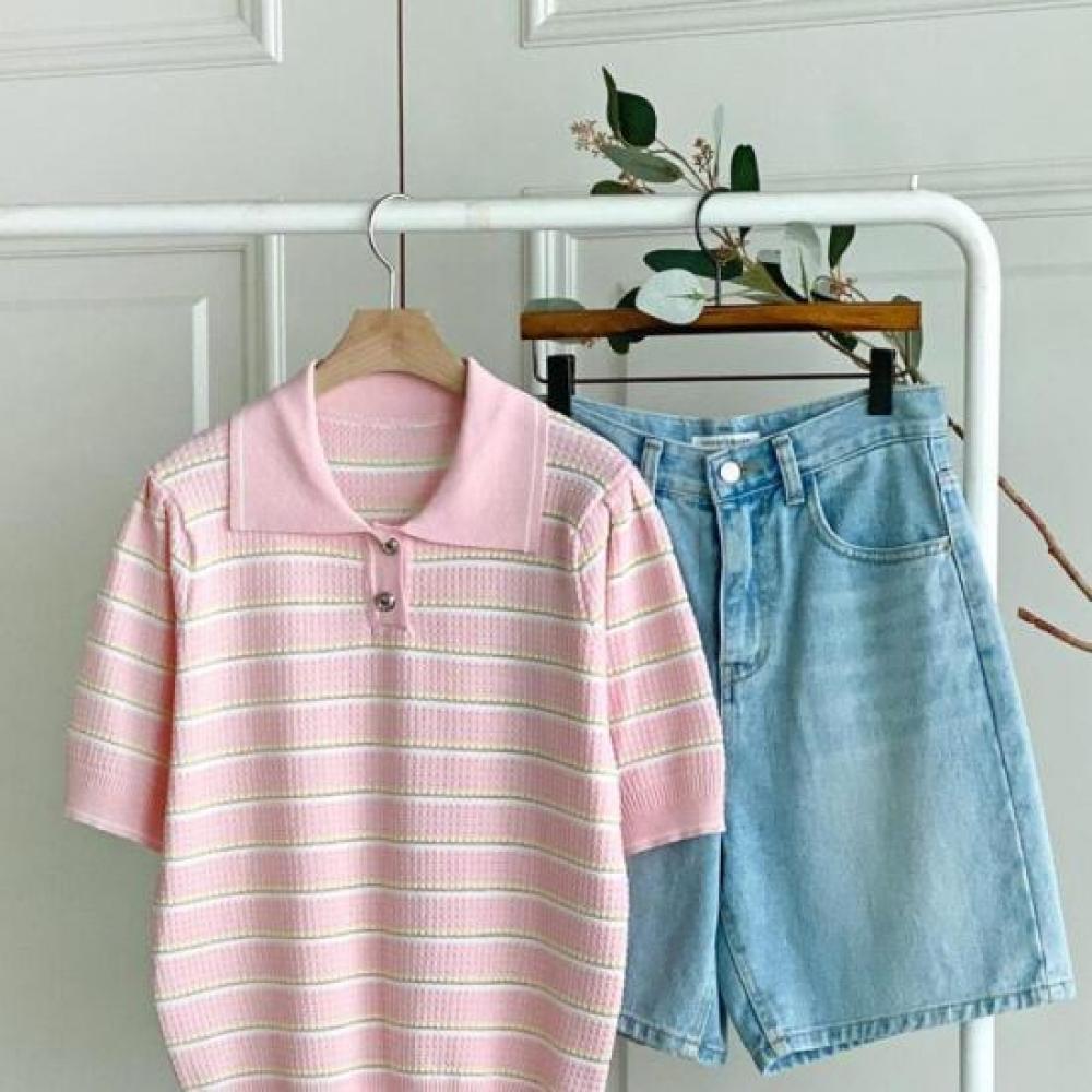 New Arrivals Open Run Women Embossed Button Collar Stripe Short Sleeve Knit