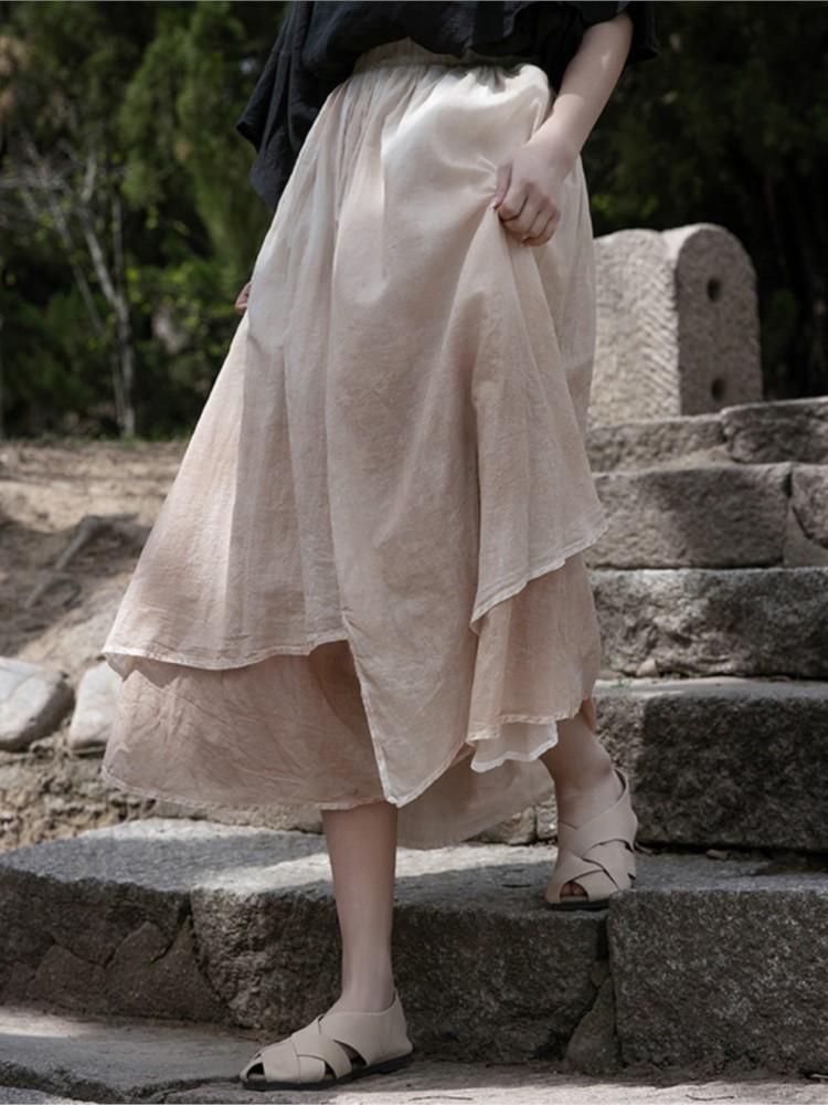Johnature Dámské Vintage Nepravidelné sukně Pružný pas Léto Ležérní Dámské Oblečení Dvojité bavlněné plátěné sukně