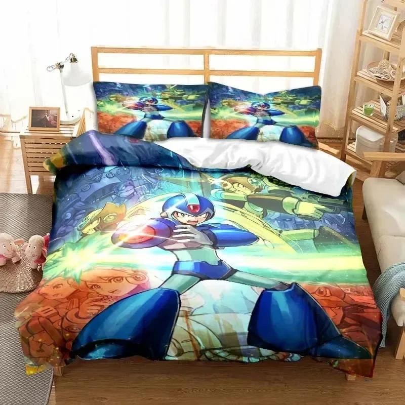 Rockman Megaman Game Cartoon Bedding Set Printed With Pillowcase Bed Duvet Cover Soft Queen King Size Bedclothes Home Boys Gift