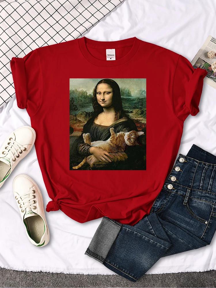 Mona Lisa T Shirts Funny Cat Lovely Cute Printed TShirt for WomenS Crewneck Gothic Women Tshirt Casual Female Tee Shirts
