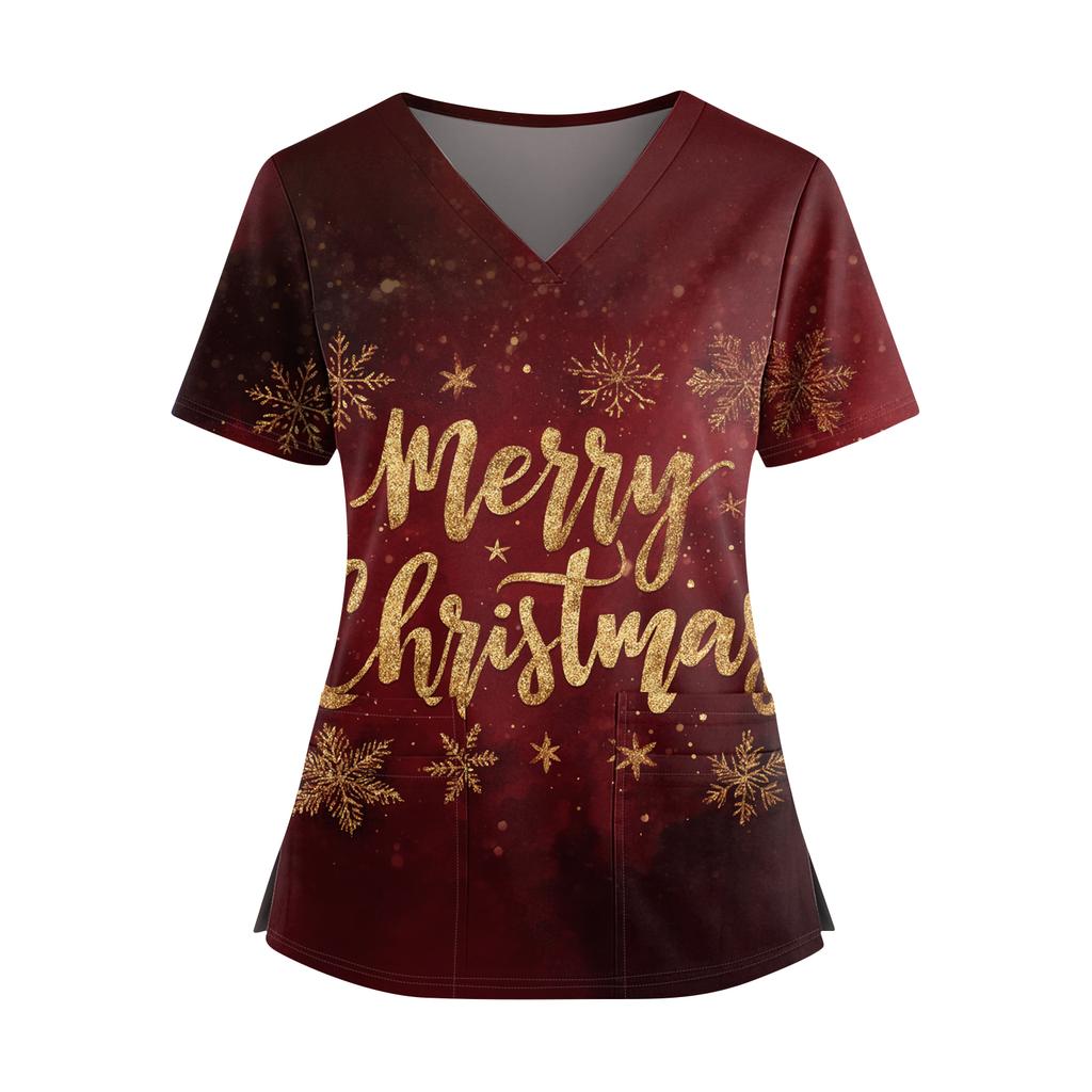 Women's Christmas Printed V-Neck Double Pocket Short Sleeves Hem Slit  Uniform Caregiver Top