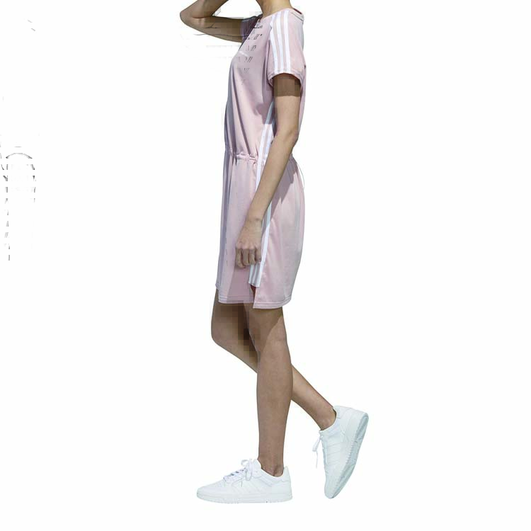 Adidas Neo Solid Color Striped Short Fitted Casual Sports Comfortable Breathable Round Neck Short Sleeve Dress Women Dresses Vibrant-Pink GK1503