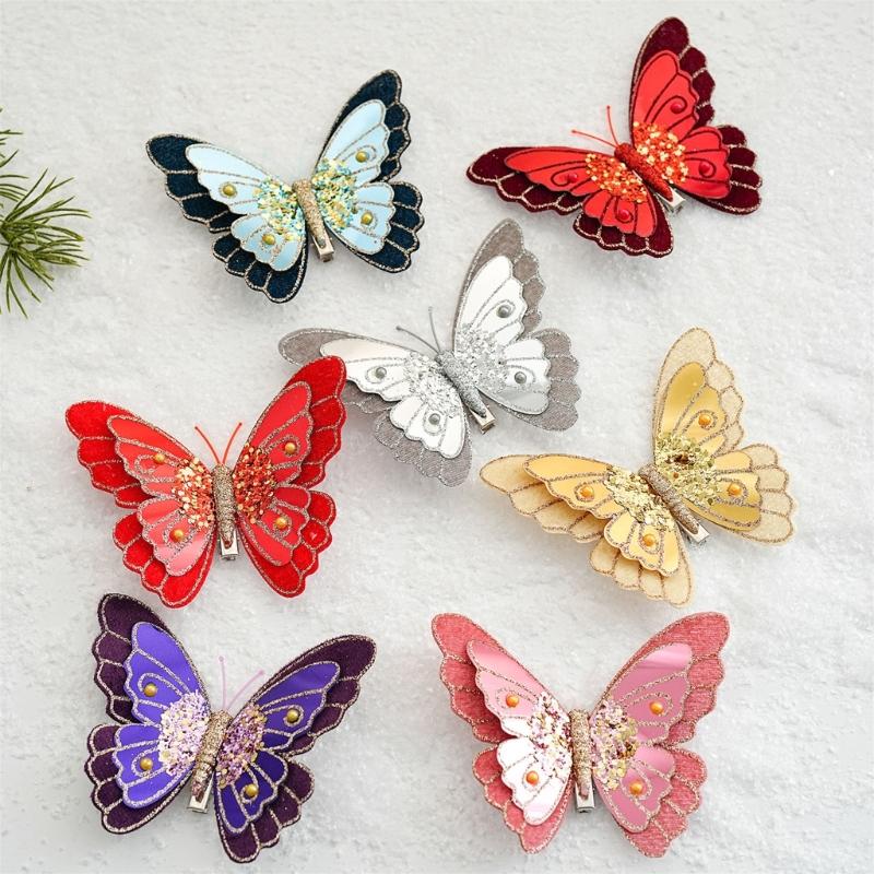 Pack Of 3 Double Layer Butterfly Christmas Tree Clip Accessory Elegant Fabric Ornament For Holiday Decorations