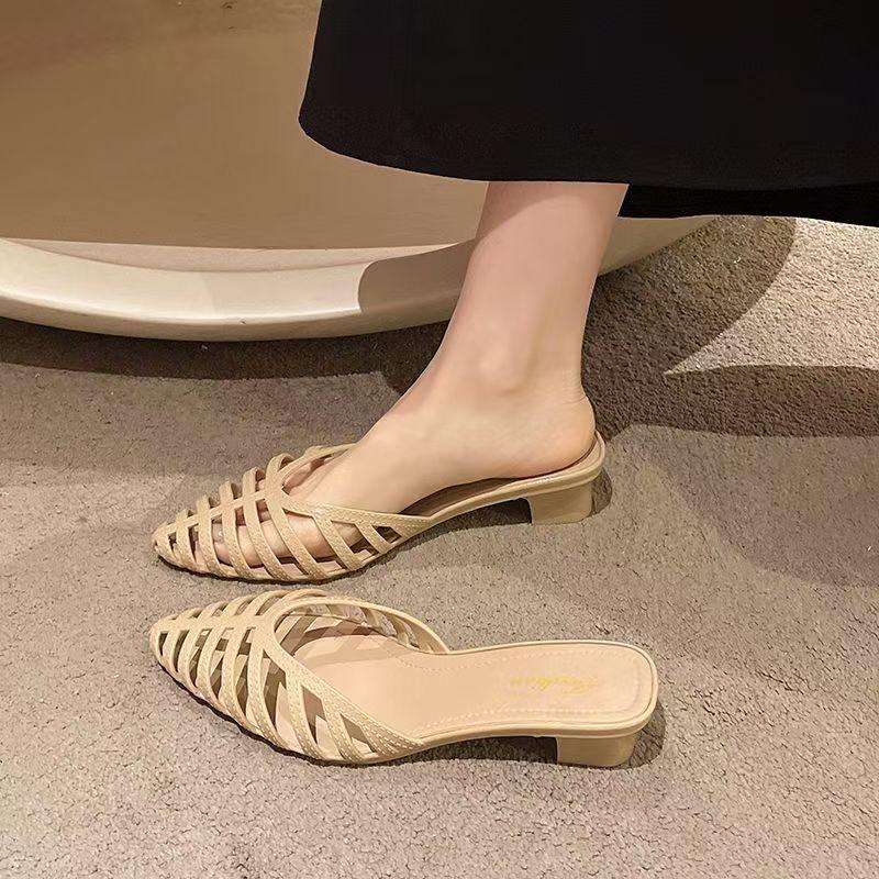 Pantoufles Baotou pour femmes, à talon bas ajouré, mi-mollet, imperméables, antidérapantes, bout pointu, style tongs, sandales modernes pour l'été et la plage.