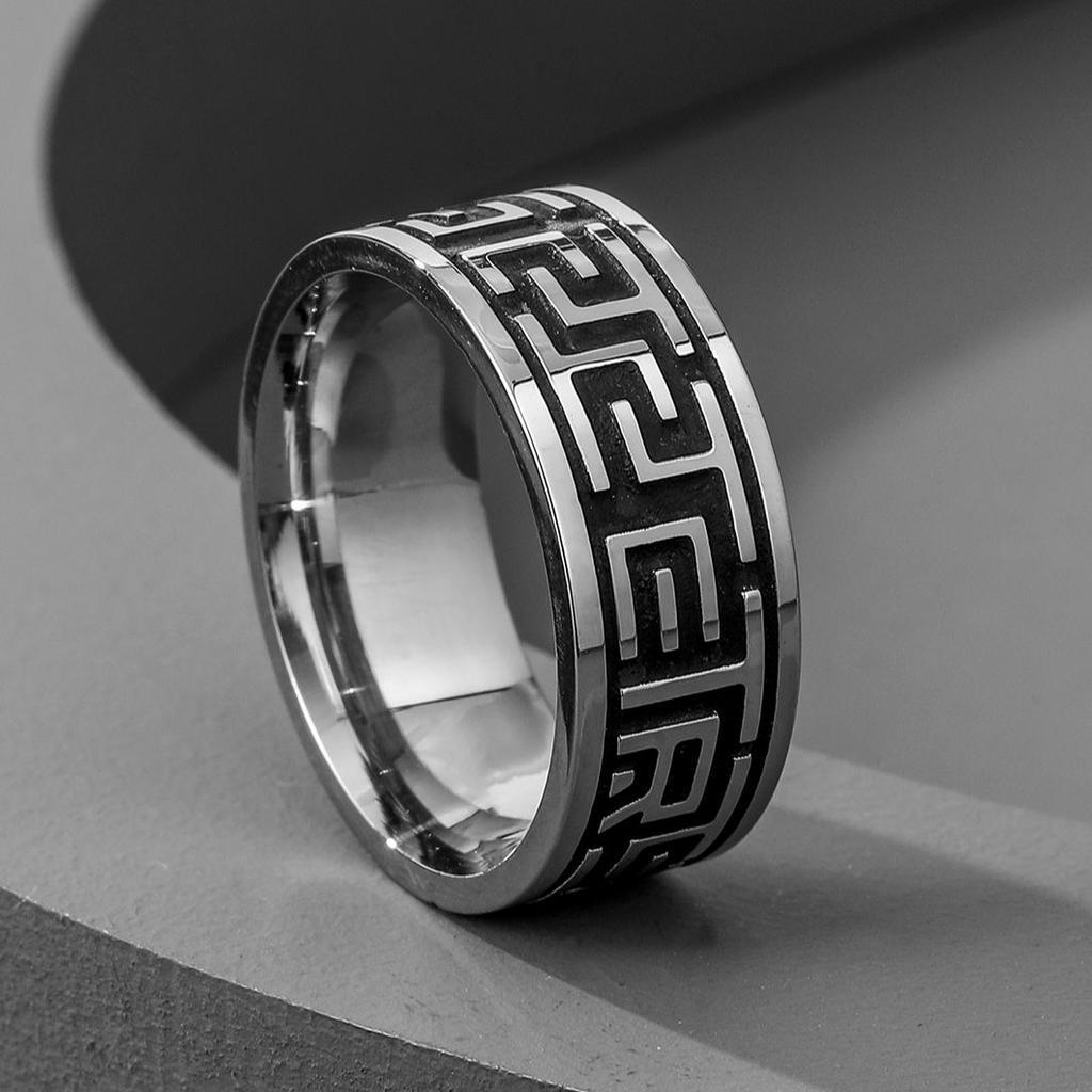 New Vintage 8mm Black Pattern Ring for Men and Women