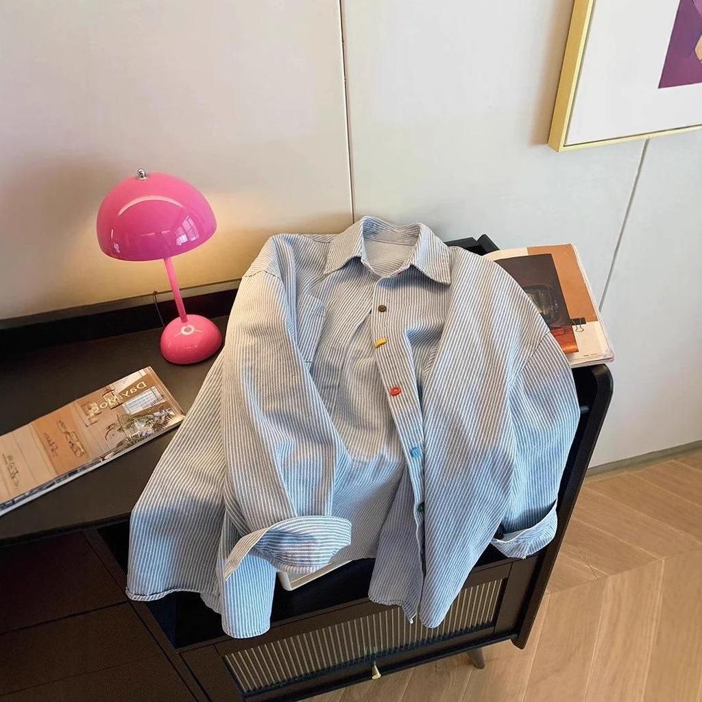 Women's Retro Color Block Striped Denim Shirt - Minimalist, Versatile, Long Sleeve Top