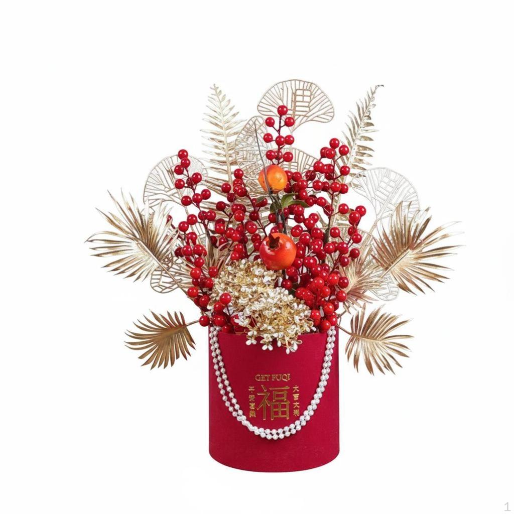 Artificial Holly Arrangement, Fortune Fruit Set, Decorative Container for Home