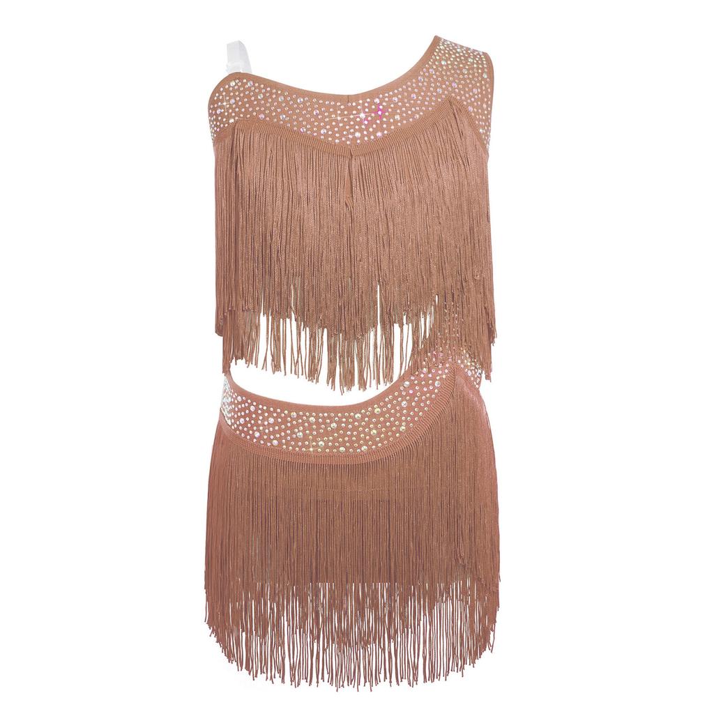 Vestido de Danza Latina para Niñas con Borlas, Flecos Asimétricos, Pedrería Brillante, Recorte, Disfraz para Actuación en Escenario