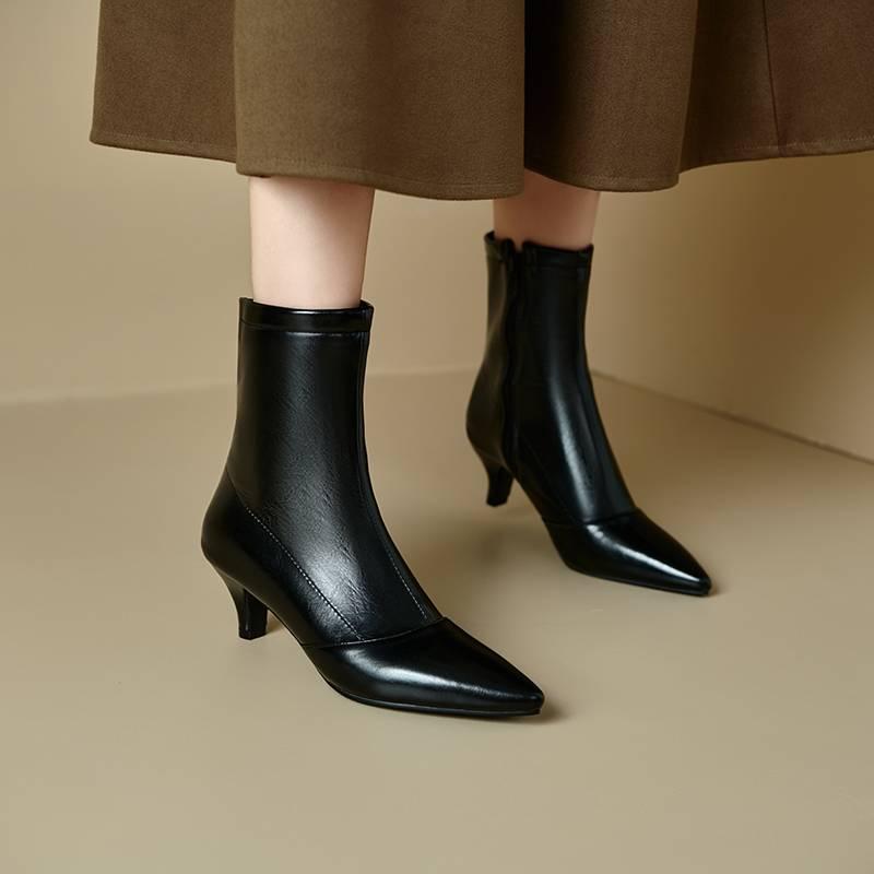 Autumn and Winter Gold Women's Fashion Boots Solid Color Rubber Sole Pointed Middle Heel Large Size Women's Boots Zipper Stiletto Medium Boots