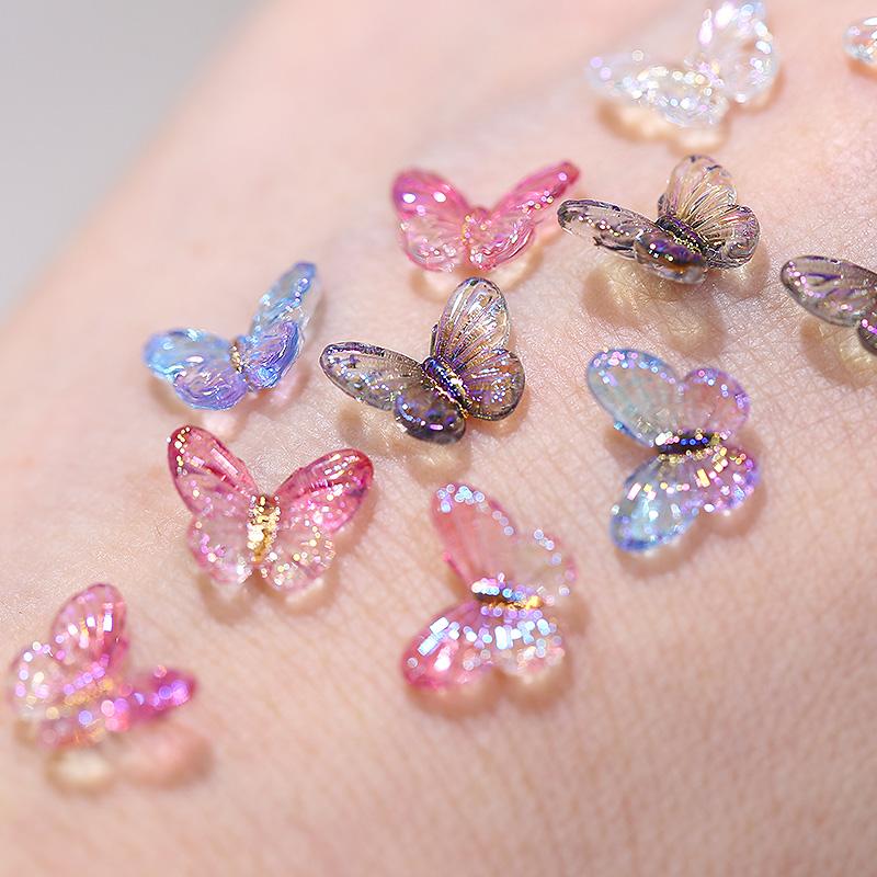 100pcs/Bag Mixed Butterfly Nail Art Charms Sparkle Butterfly Resin Designs Manicure Jewelry Aurora Elf Butterfly Nail Supplies