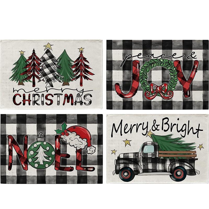 4Pcs Christmas Tree Elk Placemat Linen Dining Table Mats Coaster Bowl Coffee Cup Pad Mat 2025 Navidad Home Kitchen Decoration