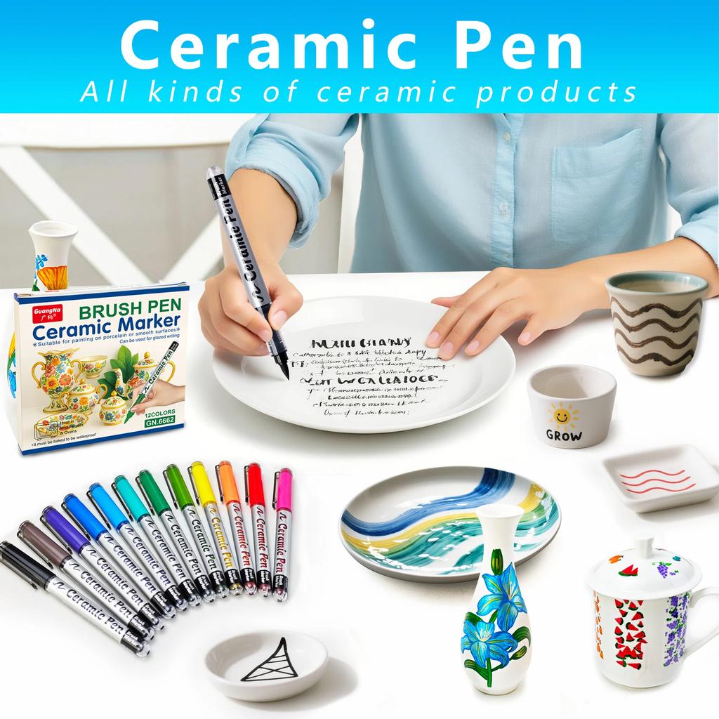 Permanent Marke Ceramics Pens 12 Colors Porcelain Paint Brush Pen for Both Glazed and Unglazed Christmas Decoration Wine Markers