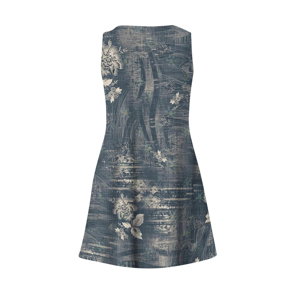 Abito da donna casual alla moda con scollo a V, senza maniche, stampa floreale, tasca laterale