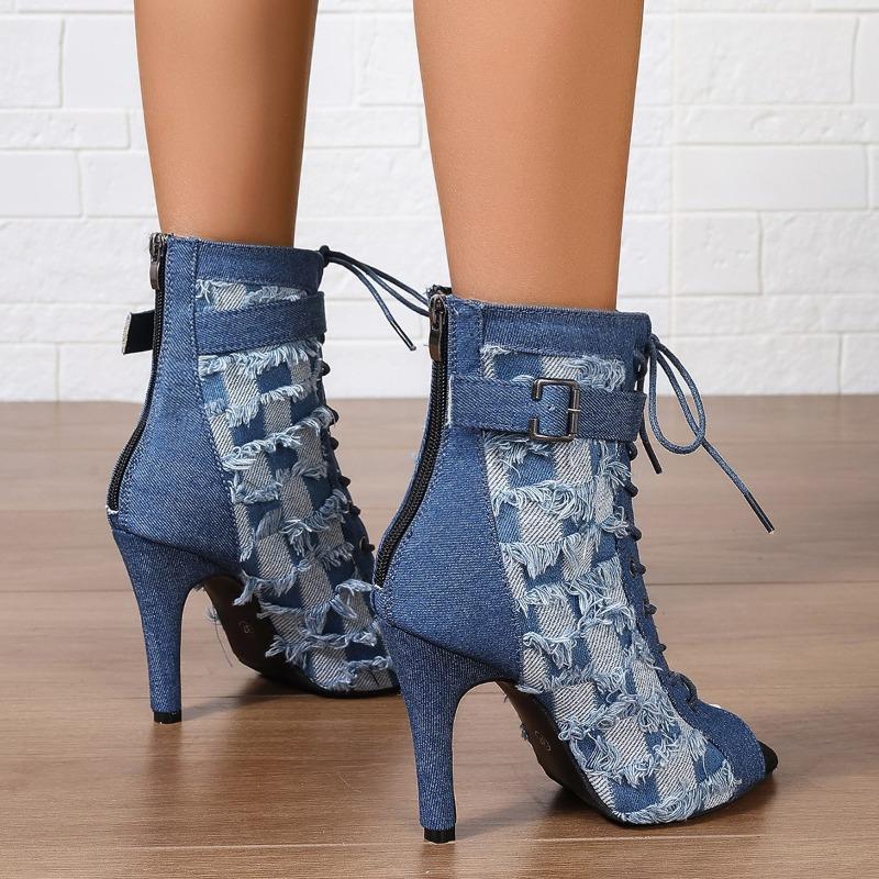 Denim Women Peep Toe Ankle Boots Elegant Breathable Shoes High Heel Women's Modern Short Booties Summer Botas Feminino