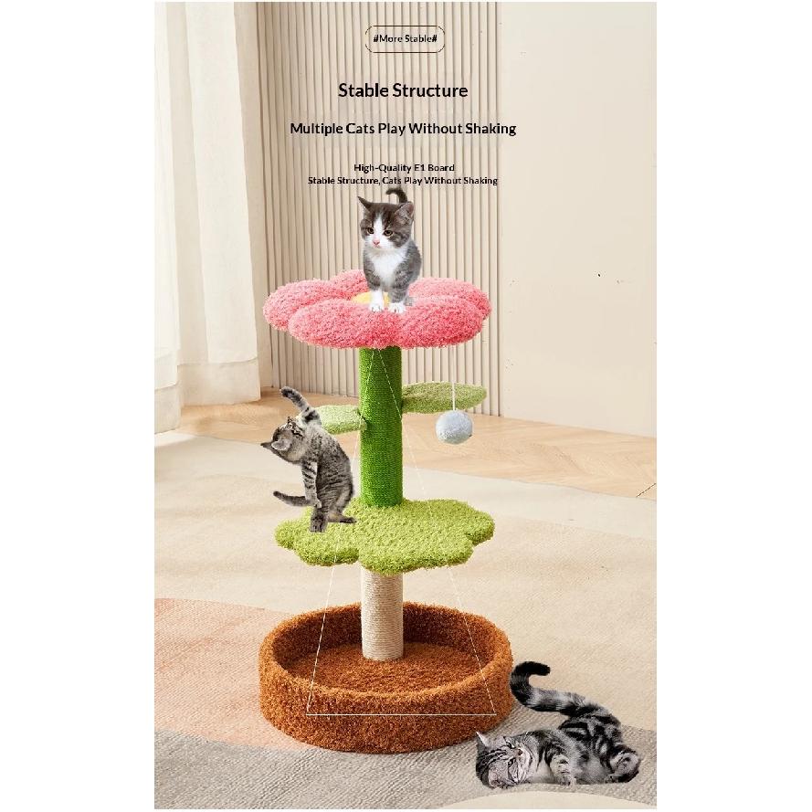 Small Flower Cat Tree with Sisal Scratch Board and Cat Bed, Space-Saving Cat Tower for Indoor Cats, Pet Decor