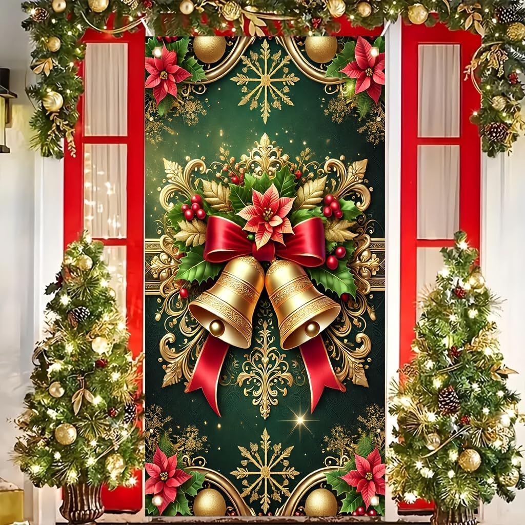 Christmas Door Cover Gold Bell Poettia 71x35 Inch Large Holiday Decoration for FrontDoor Wall Indoor Outdoor Xmas Party Winter Festival Home Decor