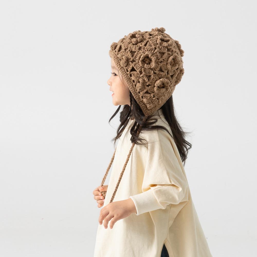Ear Protection Autumn Winter Hat Solid Color Kids Cap Vintage Hand Knitted Hat Girl
