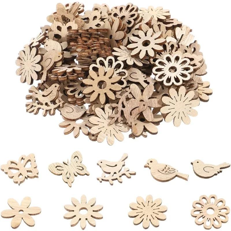 

50pcs Wooden Cutouts Table Confetti Rustic Decoration Ornaments Wood Bird Butterfly Flower Slices Wooden Embellishments 3CM