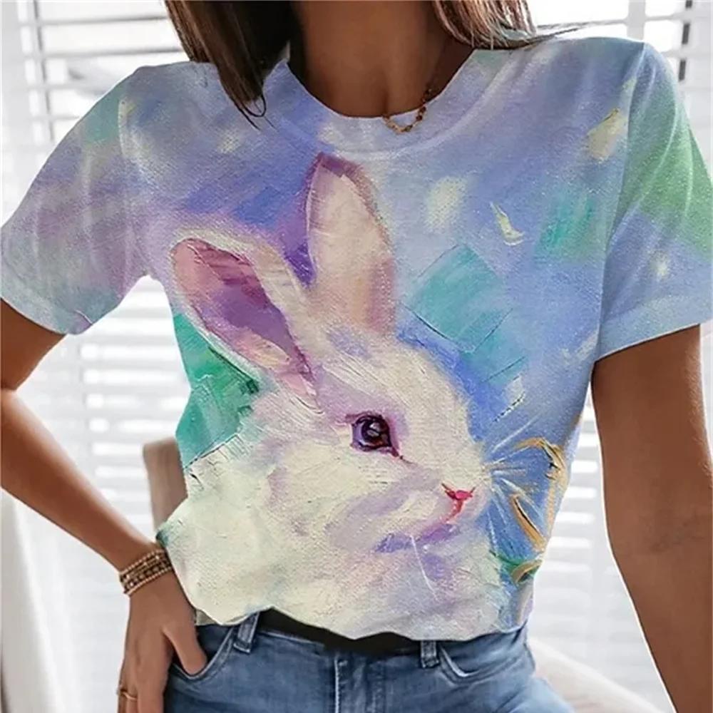 Coelhinho Branco Macio Impresso em 3D Moda Y2k Mulheres Camiseta Básica Elegância Vintage Manga Curta Elegante Casual Confortável