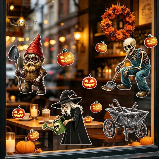 Durable PVC Wall Murals Halloween Sticker, Pumpkin Witch Skeleton Printed, Self-adhesive Waterproof Autumn Harvest Stickers Decals, for Farm