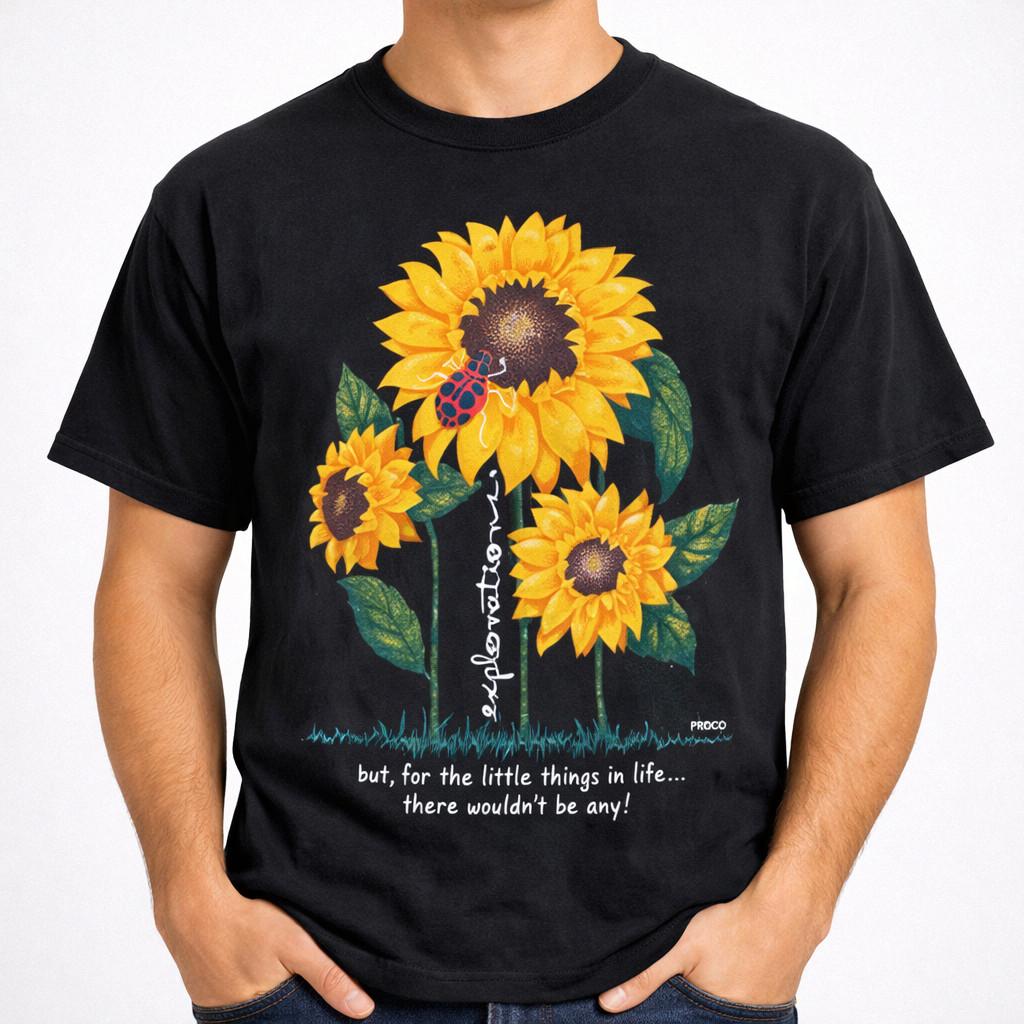 Vintage Sunflower Floral Graphic Tee Black Nature Shirt Retro Unisex S-3XL