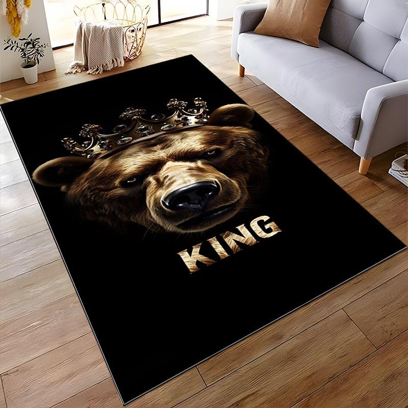 Bear with Crown Printed Carpet - Black Background with "King" Text Suitable for use as an anti-slip for living room bedroom sofas