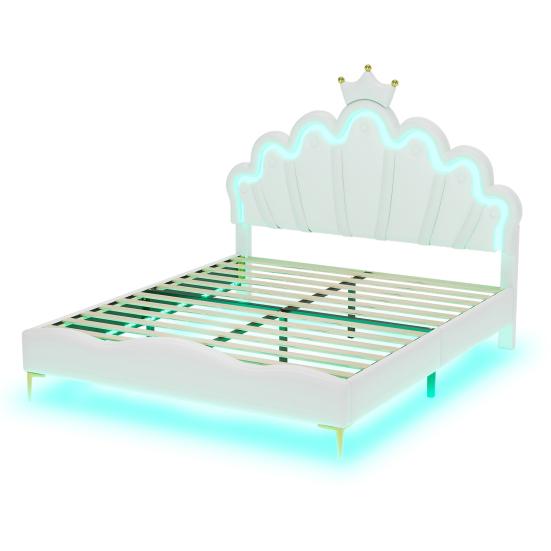 Princess Bed 140x200cm Flat Double Bed Crown-Shaped Soft Upholstery Made of Faux Leather Adjustable LED Ambient Light Strip White