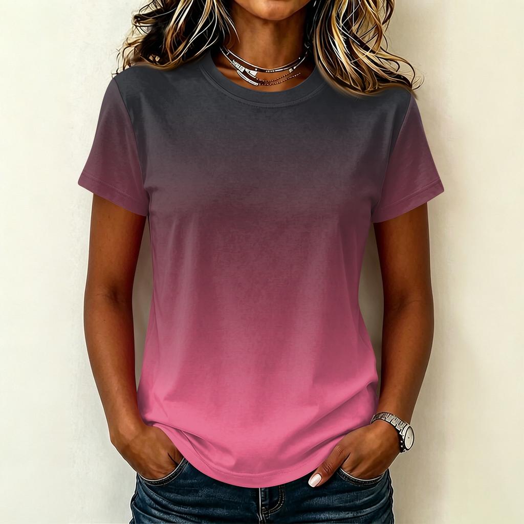 Women's Casual Pullover Short Sleeve T Shirt Gradient Color Crew Neck Top Lightweight Soft Fabric Summer Basic Tee