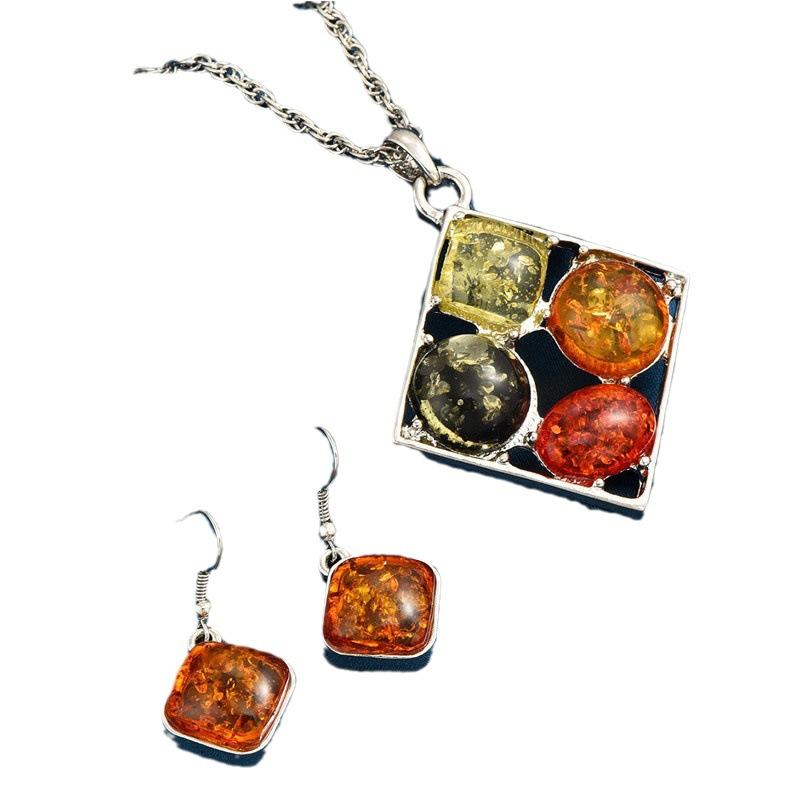 European and American new fashion amber simple square inlaid with colored gemstones accessories personalized temperament necklace earrings set