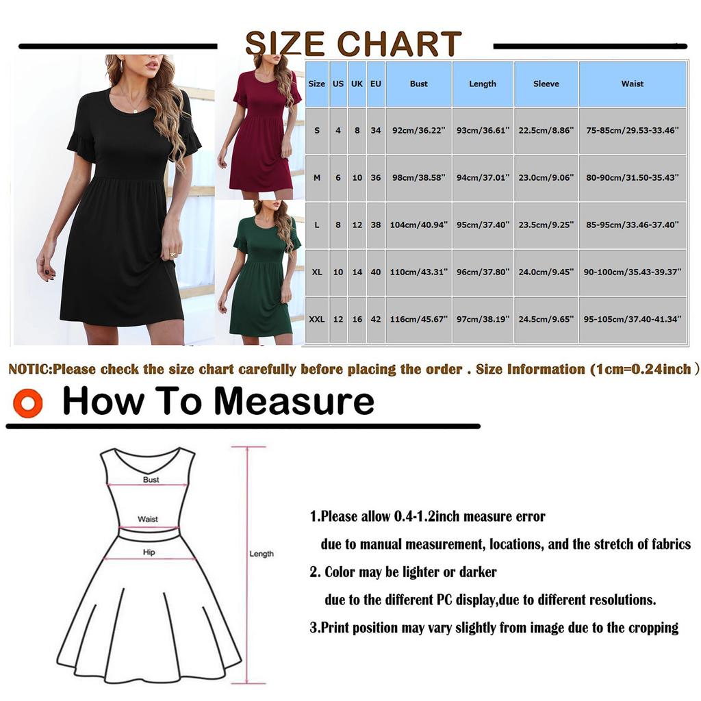 Women's Summer Casual Color Ruffle Short-sleeve O-neck Stitching Waist Big Swing A-line Dress