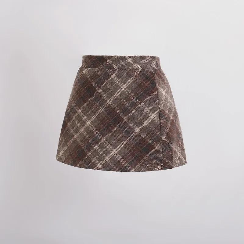 2025 Autumn/Winter Girls' High Waist Wool Plaid Skirt, Korean-Style Fashionable Slimming Short Skirt