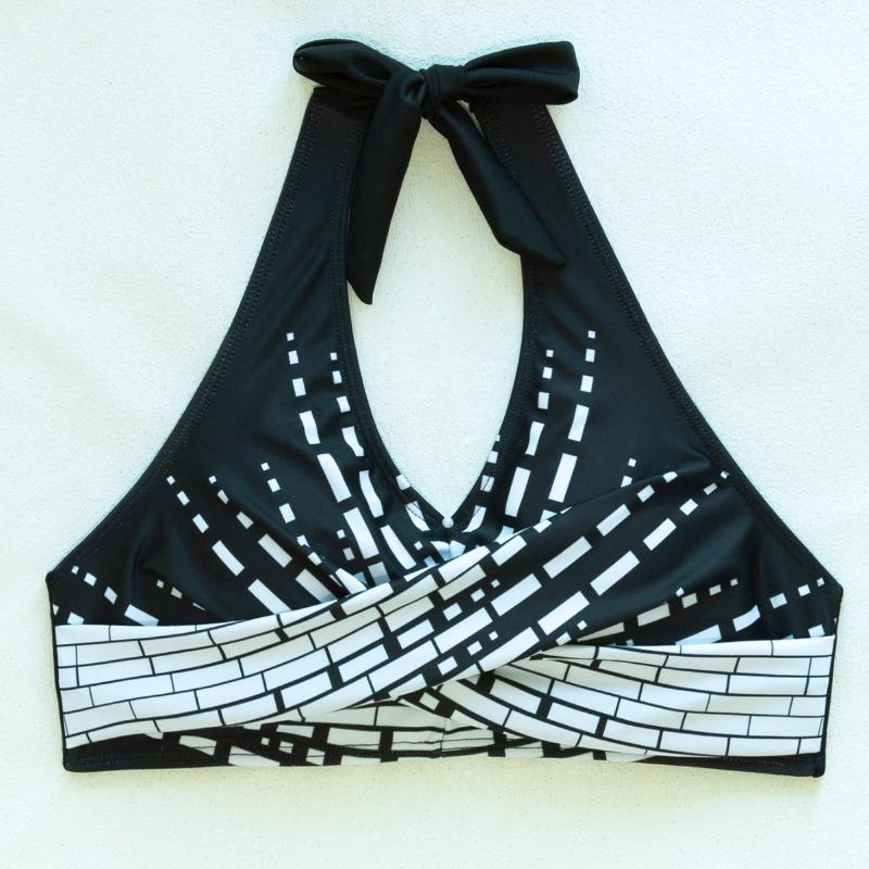 Damen Schwarz Weiß Geometrisches Neckholder-Bikini-Set Wickel-Front Hohe Taille Zweiteiliger Badeanzug