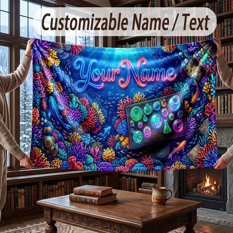 Octopus Sea Life Theme Throw Blanket Custom Name Text Personalized Blanket Soft Cozy Blanket for Home Sofa Bed