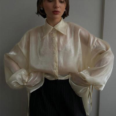 Fashion Loose Beige Shirt Women's Casual Sun Protection Solid Button Outwear Shirt Long Sleeve Top Thin See Through Shirt