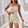 Fashion Twist Pure Color Asymmetrical Shoulder Bared Top and Shorts Set Open Front Design Shoulder Dresses for Women