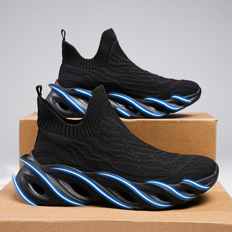 Men's Slip-on Sneakers Breathable Knit Athletic Shoes Hollow-out Cushioned Sole Fashionable Footwear for Training
