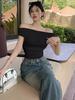 Summer Women Short Sleeve T Shirts Solid T-shirt Off-shoulder High Waist Crop Top Tee Female Casual T Shirt