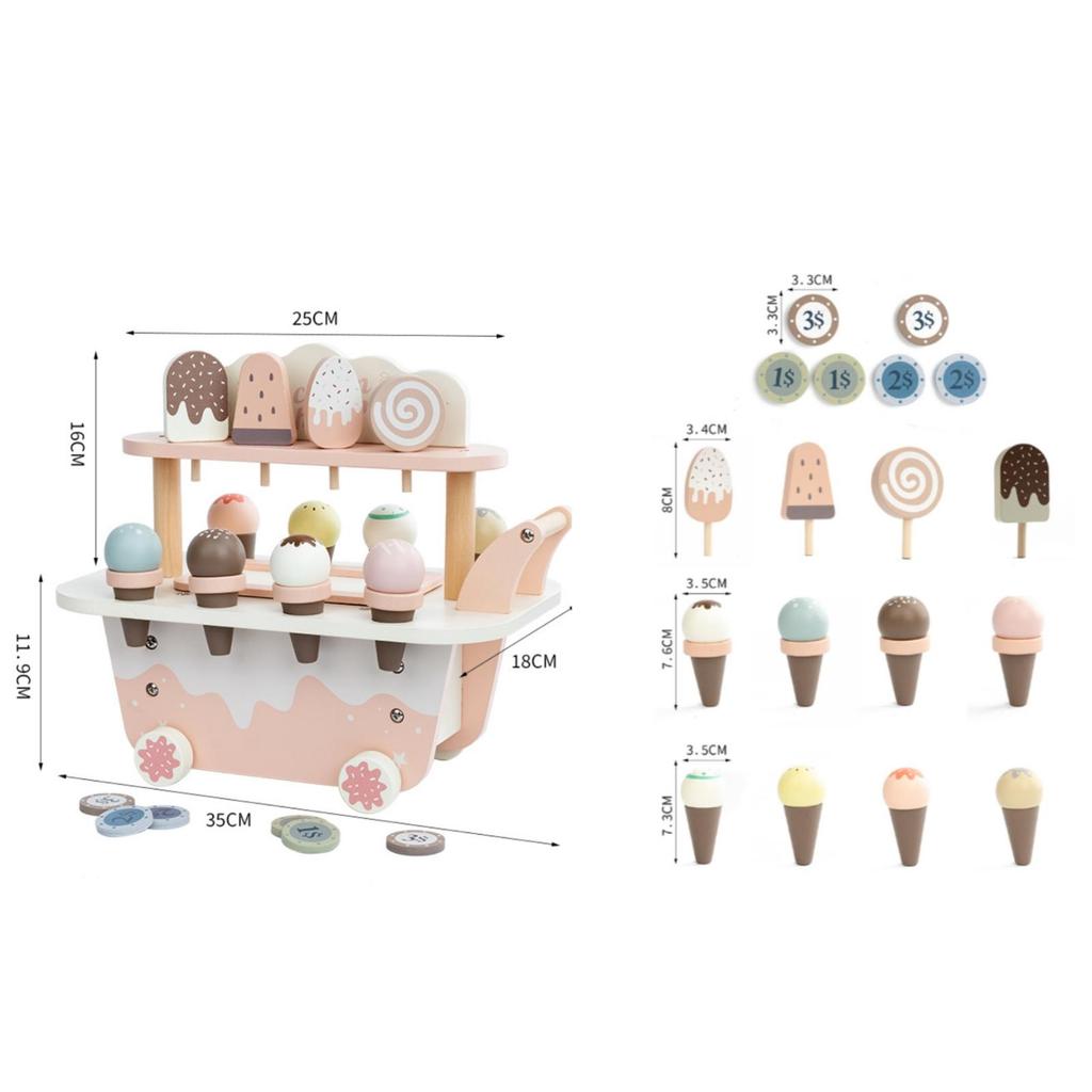 Wooden Ice Cream Cart Pastel Young Child for Playroom