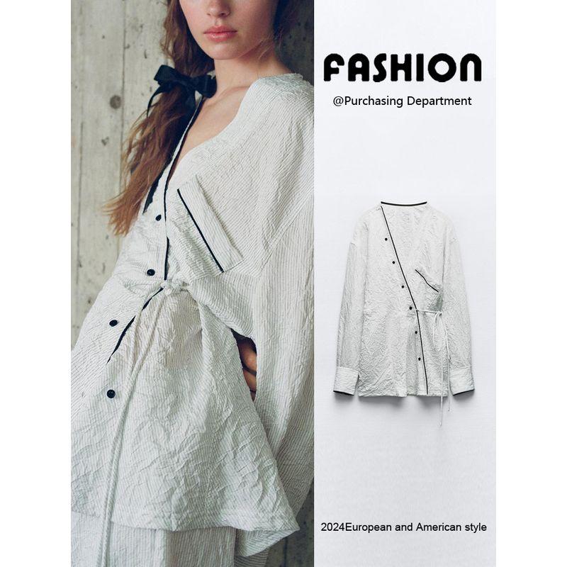 Za2024 Summer New Product Women's Clothes Asymmetric Long Sleeves Stripes Kimono Coat Shirt 2010782 064