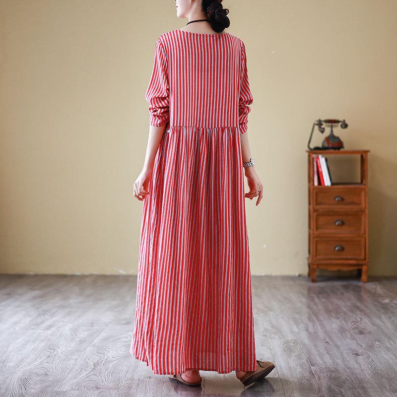 Spring Floral Vacation Style Travel Round Neck Retro Long Skirt with Meat Covering Cotton Linen Dress