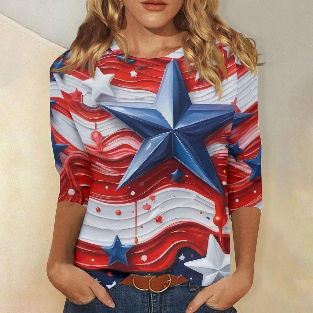 Women's Fashion Casual Round Neck 3/4 Sleeve Loose T-Shirt Ladies Top